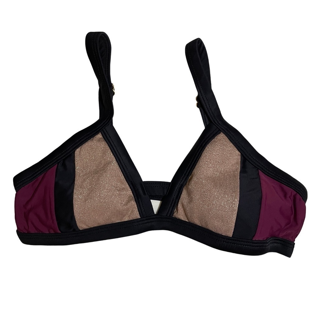 NWOT PilyQ Color Block Metallic Gold / Burgundy / Black Bikini Top Sz. S
